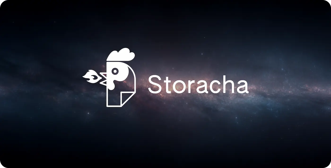 Storacha logo in white rooster with a rocket flame, displayed on a cosmic background